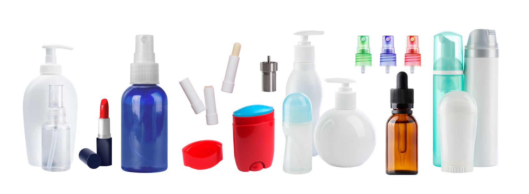 Kollage aus verschiedenen Verpackungen aus dem Kosmetik-Bereich: Lippenstifte, Deos, Tiegel etc.