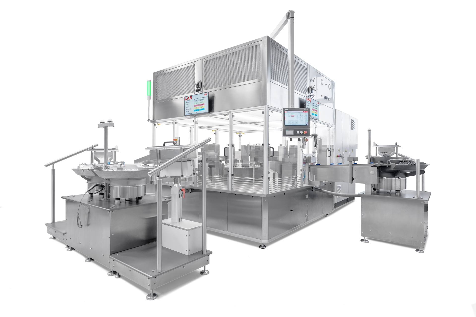 Montageanlage mit zwei Zuführsystemen an den Seiten. Die Anlage ist mit einem Laminar-Flow-Modul ausgestattet. An dessen Seiten befinden sich Monitore, die verschiedene Produktionsdaten anzeigen.